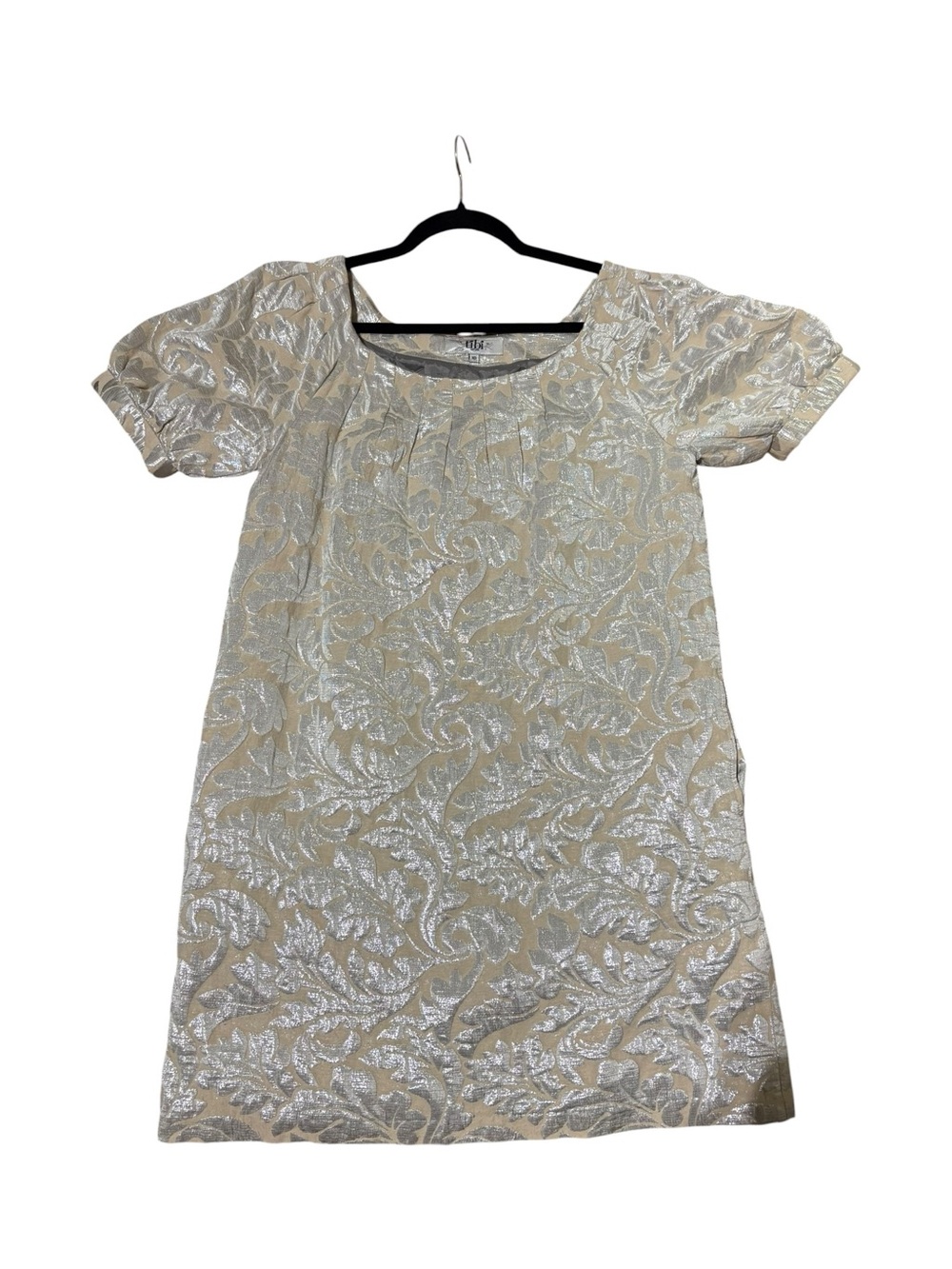 Tibi Metallic Silver Brocade Puff Sleeve Shift Dress